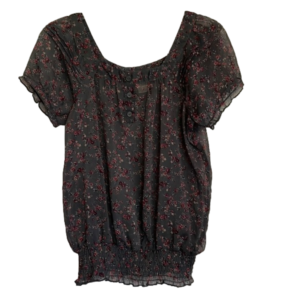 MOSSIMO Semi-Sheer Pullover Peasant Top, Women’s M, Dark Gray Pink Cream